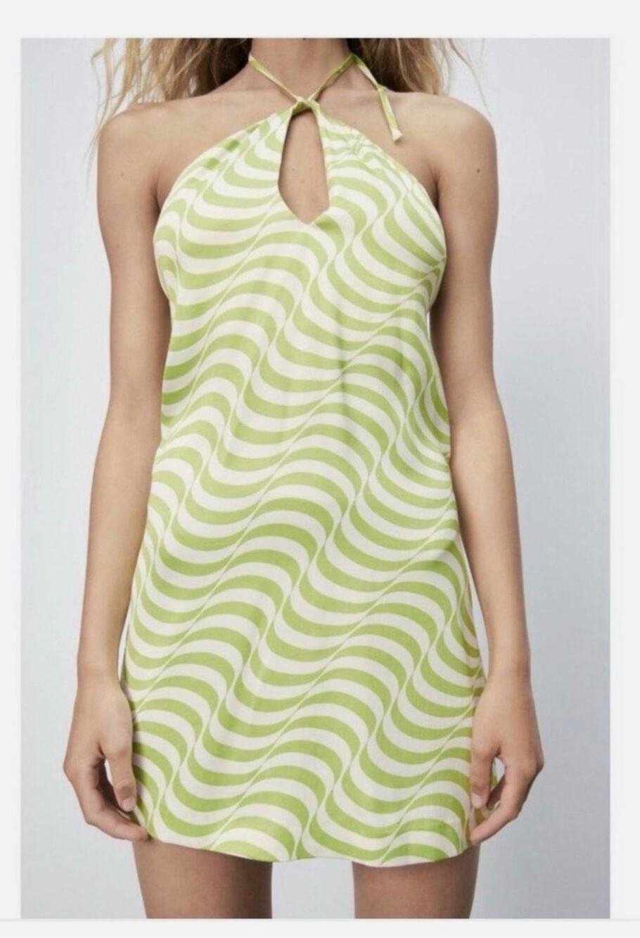 Zara Women Halter Mini Dress Zip Back With green white Wave Print Size M